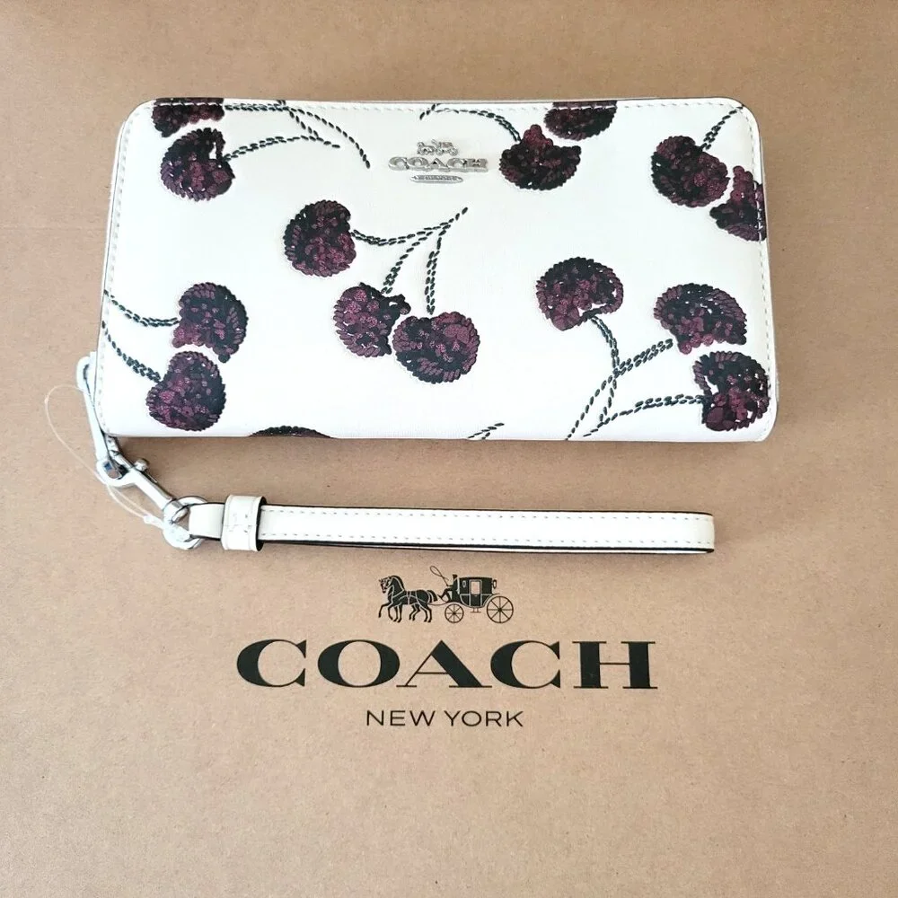 Coach CDE92 Long Zip Around Wallet Cherry Embossed Print Leather Chalk Multi - Picture 4 of 7